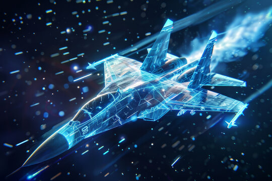 A blue fighter jet is flying through space with a trail of blue smoke behind it