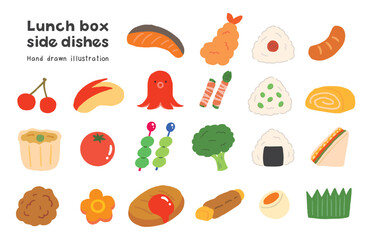 お弁当のおかずのかわいい手描きイラストセット