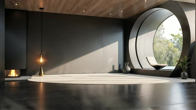 3D rendering of empty concrete room with sunlight through the large window with abstract architecture and cement floor. seamless looping time-lapse 4K video background
