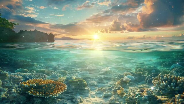 beautiful sunrise in the coral cove .a peaceful morning in the ocean. seamless looping overlay 4k virtual video animation background