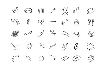 Doodle hand drawn cute cartoon expression sign. Line curve arrows, emoticon elements, symbols
