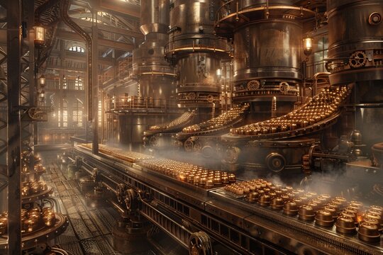 Steampunkstyle chocolate factory with gears and steam, producing chocolate robots, Steampunk, Sepia Tones, Digital Art, Mechanical details