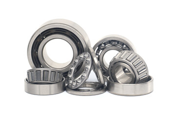 Roller bearings and ball bearings isolated on white