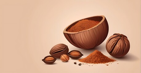 isolated on soft background with copy space Nutmeg spice concept, illustration