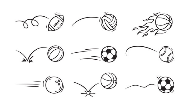  Doodle sport ball trajectory bounce collection. Line hand drawn balls set
