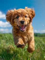 A playful, happy puppy running happily on the lawn in the spring or summer