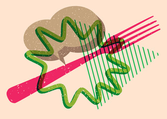 Risograph fork with speech bubble with geometric shapes. Objects in trendy riso graph print texture style design with geometry elements.