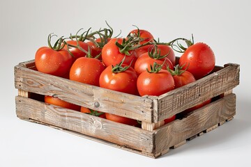 Ripe tomatoes arranged in a wooden crate against a white background