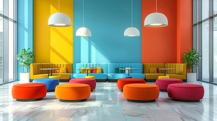 Diverse seating options in vivid colors lined up in an orderly fashion