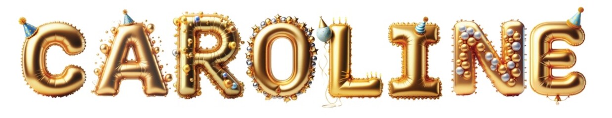 Caroline Letters - Golden Balloon, 3D - Isolated on Transparent or White Background PNG - Best for Birthday Illustration Design