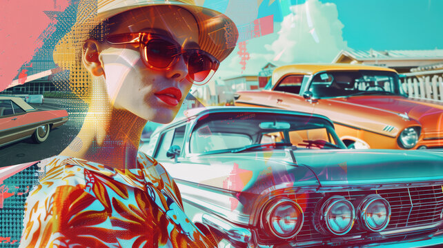 60s retro style fashion woman wearing clothing. Travel collage with retro cars. Generative AI