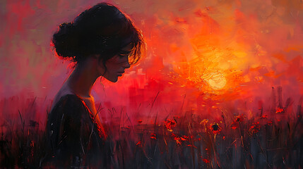 Oil painting art featuring a woman gracefully framed against the backdrop of a stunning sunset