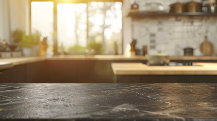 A kitchen with a countertop that is black and has a shiny surface