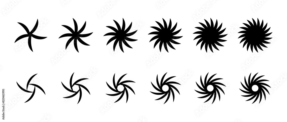 Aufkleber Different twist and swirl element set. Black dotted twirl and rotating lines collection. Circular radial dashed revolving whirlwind symbols bundle for graphic design. Vector pack
