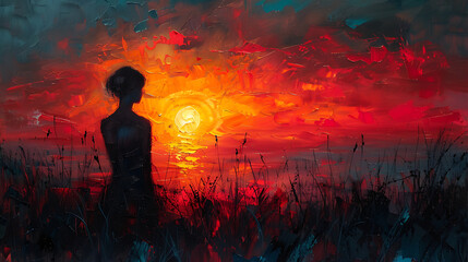 Oil painting art featuring a woman gracefully framed against the backdrop of a stunning sunset