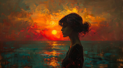 Oil painting art featuring a woman gracefully framed against the backdrop of a stunning sunset