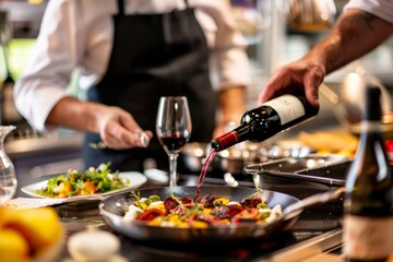 Wine-Themed Cooking Class, With Chefs Demonstrating How to Pair Wine With Various Dishes, Showcasing The Harmony of Flavors And Textures, Generative AI