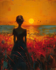 Oil painting art featuring a woman gracefully framed against the backdrop of a stunning sunset