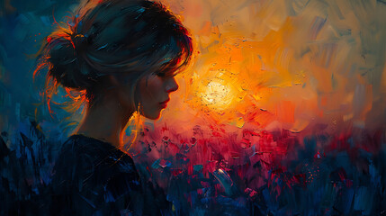 Oil painting art featuring a woman gracefully framed against the backdrop of a stunning sunset