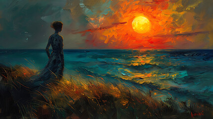 Oil painting art featuring a woman gracefully framed against the backdrop of a stunning sunset