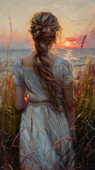 Oil painting art featuring a woman gracefully framed against the backdrop of a stunning sunset