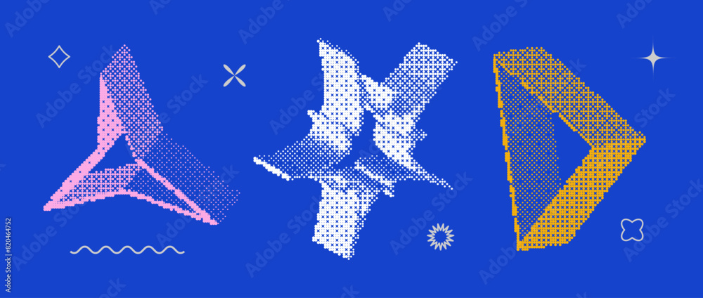 Poster Bitmap textured shape set. Dither halftone objects collection. Colorful 3d star and triangle elements for banner, poster, leaflet. Abstract pixelated raster effect bundle. Vector pack