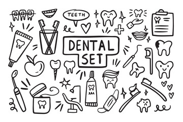Dentistry dental doodle icon set. Hand drawn line stomatology, dental, odontology 