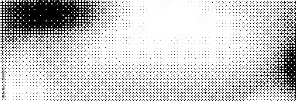 Poster Pixelated bitmap grunge gradient texture. Black and white dither pattern wallpaper. Abstract glitchy pattern. 8 bit video game background. Wide raster backdrop. Retro pixel art Illustration. Vector