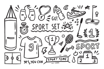 Sport elements doodle. Funny hand drawn Cute cartoon black and white collection.