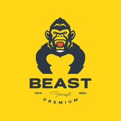 primate gorilla portrait roar wildlife beast vintage retro mascot character logo design vector icon illustration