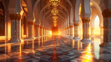 Majestic mosque interior with golden lighting
