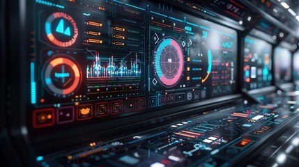 Fototapeta premium A futuristic digital interface displaying multiple screens with graphs, charts, and icons representing cloud computing, data analytics, and connectivity