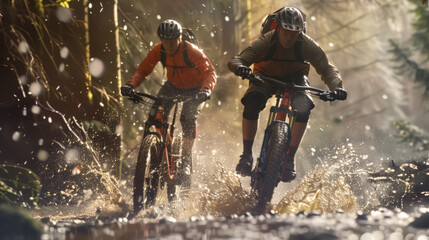 Naklejka premium Two mountain bike athletes overcome a dangerous area in a wooded area. Two people on bicycles are riding along a wet forest path