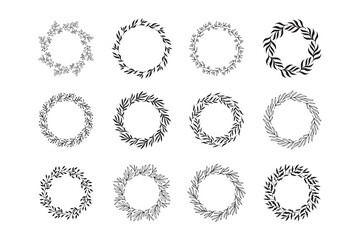 Set of hand drawn round spring wreaths isolated. Collection doodle floral frames. Silhouette circle of leaves.