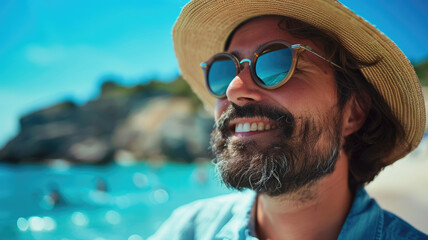 Smiling man wearing sunglasses and a hat exploring a sunny beach destination with a clear blue sky