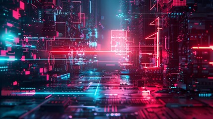 Obraz premium Futuristic interface error, with colorful glitch effects on a dark setting