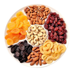 Obraz premium Nuts and dried fruits in a plate, isolated on transparent background Remove png, Clipping Path, pen tool 