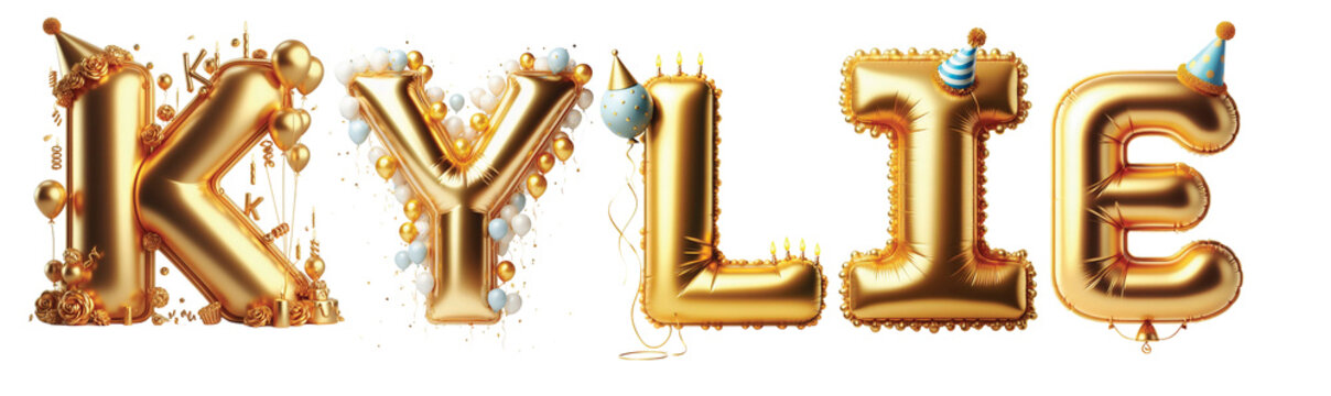 Kylie Letters - Golden Balloon, 3D - Isolated on Transparent or White Background PNG - Best for Birthday Illustration Design