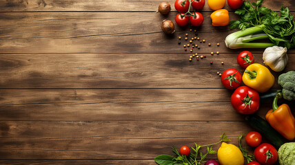 Various vegetable on wood plank table with flat lay angle view and copy space - Powered by Adobe