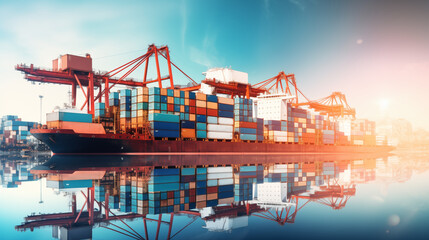 Fototapeta premium Double exposure of a large cargo ship on a large port, stacked shipping and transport industry containers