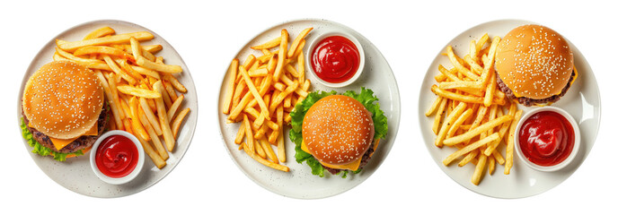 Three plates with french fries, cheeseburger and sauce isolated on transparent background, fast food top view