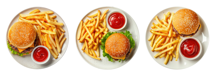 Three plates with french fries, cheeseburger and sauce isolated on transparent background, fast food top view