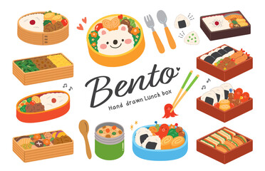 かわいいお弁当の手描きイラストセット