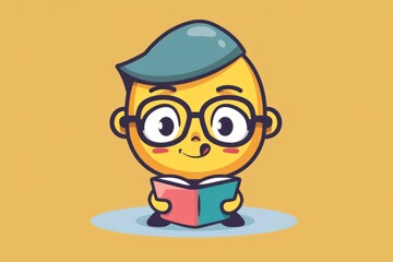 Cartoon cute doodles of a nerd emoji wearing glasses and holding a book, looking studious, Generative AI