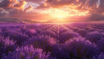 Lavender Fields at Sunset, Capture the serene beauty of lavender fields bathed in the warm hues of a setting sun
