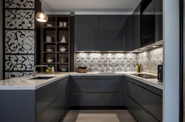 Modern Grey And White Parallel Kitchen Design With White Damask Kitchen Backsplash