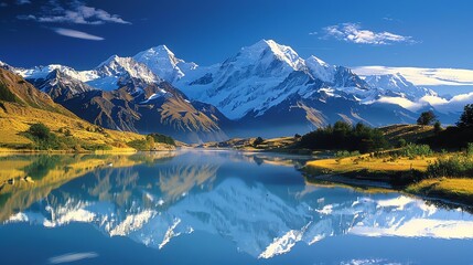 A beautiful landscape image of a lake and snow-capped mountains in the distance.