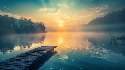 Tranquil sunrise over a still lake, casting a golden glow on the water and trees.