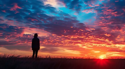 Obraz premium Lonely girl standing in a field of wheat during sunset.