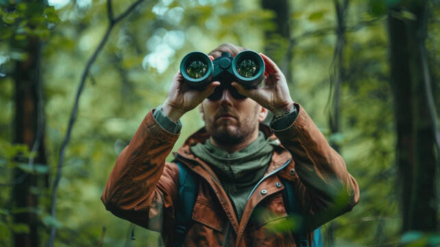 Adventurous man using binoculars in dense forest capturing the essence of exploration
